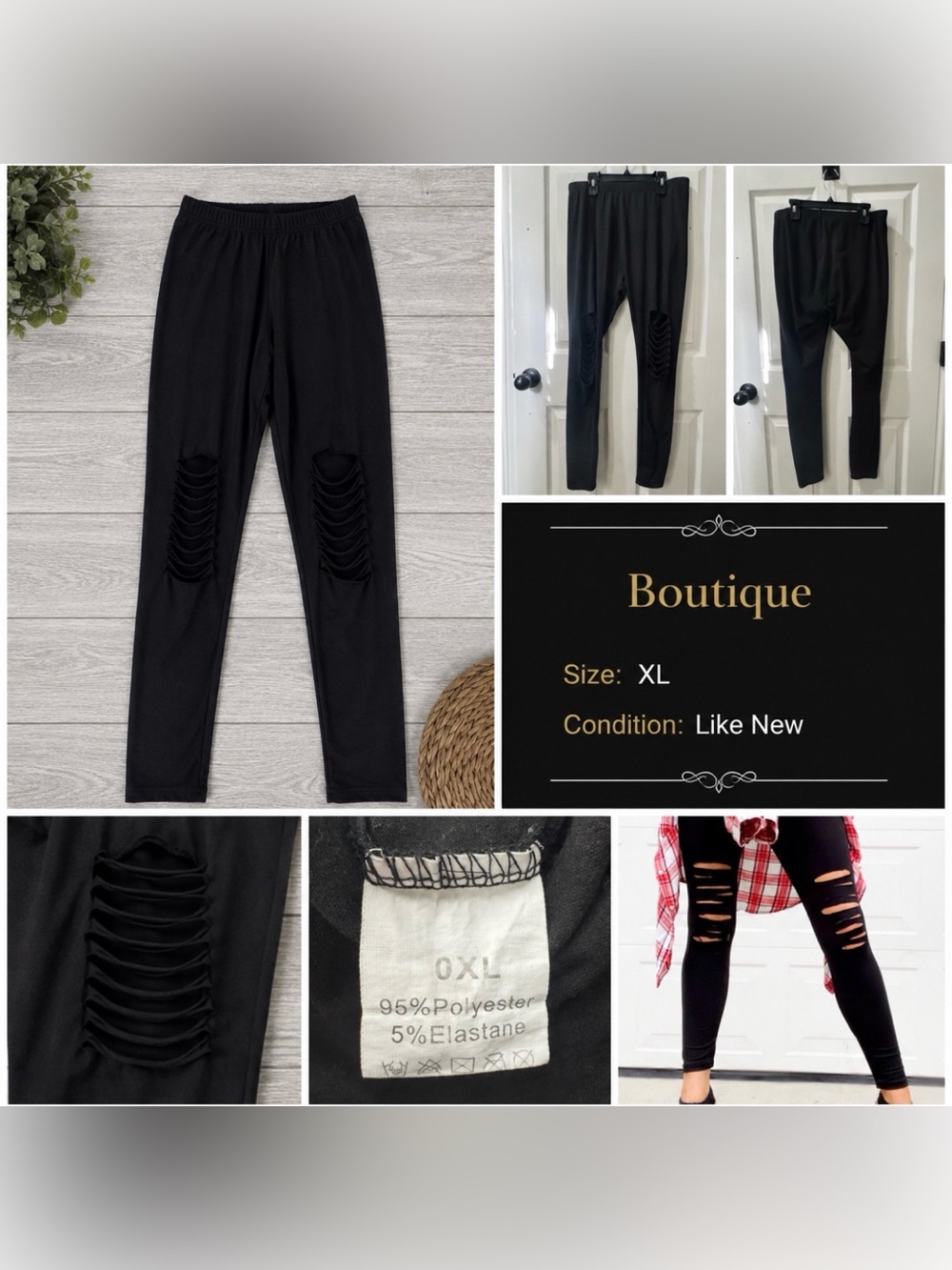 High-Waist Distressed Black Leggings Women’s Size: XL | Soft Stretch Comfy Fit